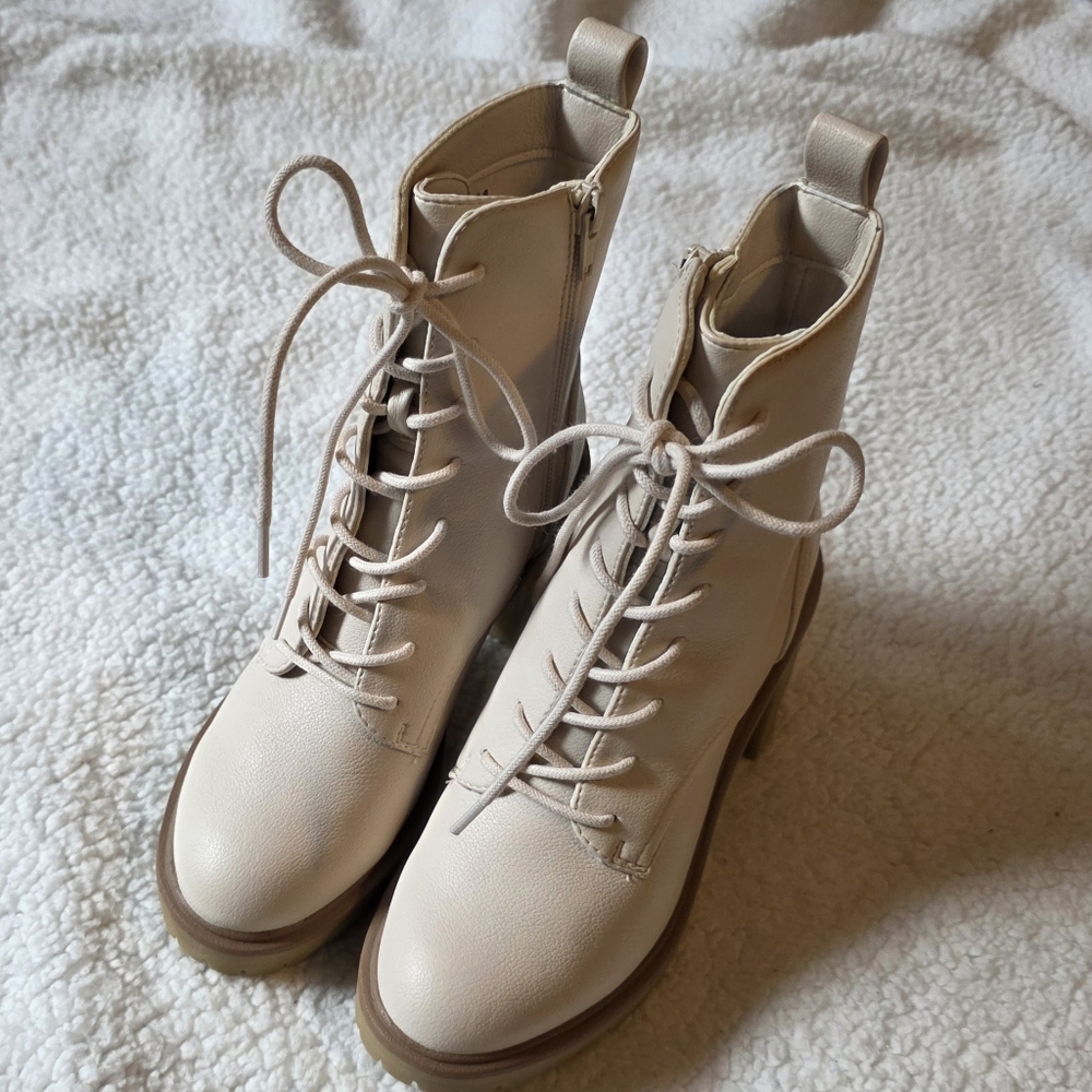 Dolce Vita round toe ivory lace up block heels boots